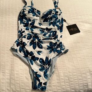 NIP TUCK Swim Blue and White Floral One Piece Swimsuit with Ruched Bodice